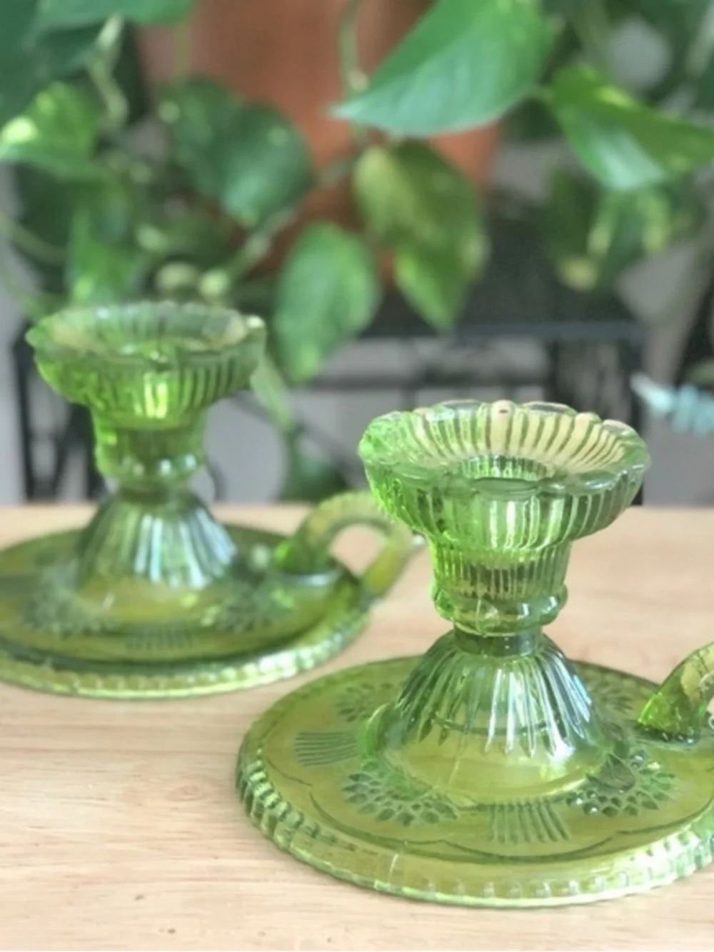 Pier 1 Green Glass Chamberstick Candle Holders Pair Vintage Style Finger Loop